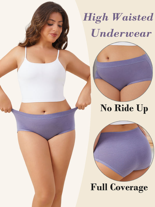 Buankoxy 5 Pack Women Cotton High Waist Panties Stretch Hipster Brief Underwear for Women, Size 10
