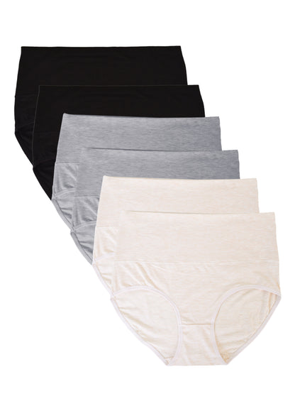 Buankoxy 6 Pack Women's High Waist Tummy Control Cotton Underwear Solid Color Brief Panties