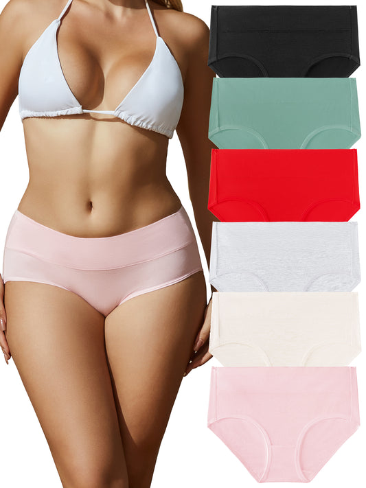 Buankoxy Womens Underwear Cotton Hipster Panties Mid Rise Briefs Wide Waistband 6 Pack,