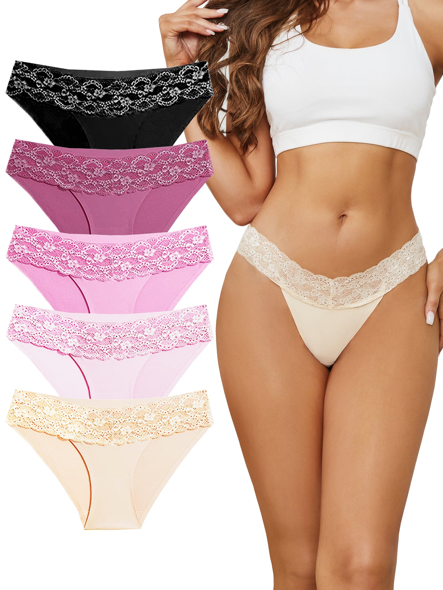 Buankoxy Seamless Underwear for Women Sexy No Show Bikini Panties Lace Ladies High Cut Hipster Invisible Cheeky 5 Pack