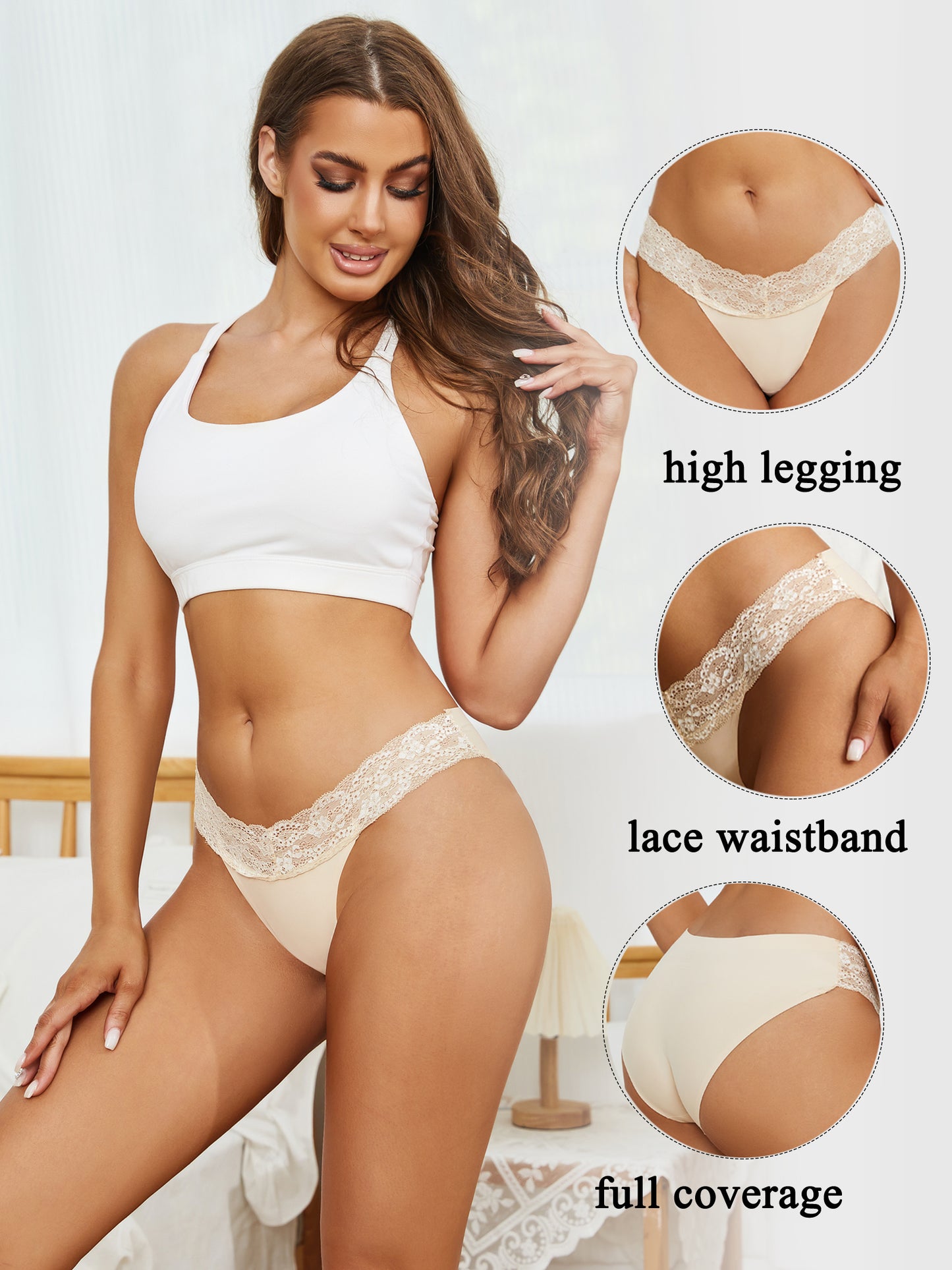 Buankoxy Seamless Underwear for Women Sexy No Show Bikini Panties Lace Ladies High Cut Hipster Invisible Cheeky 5 Pack